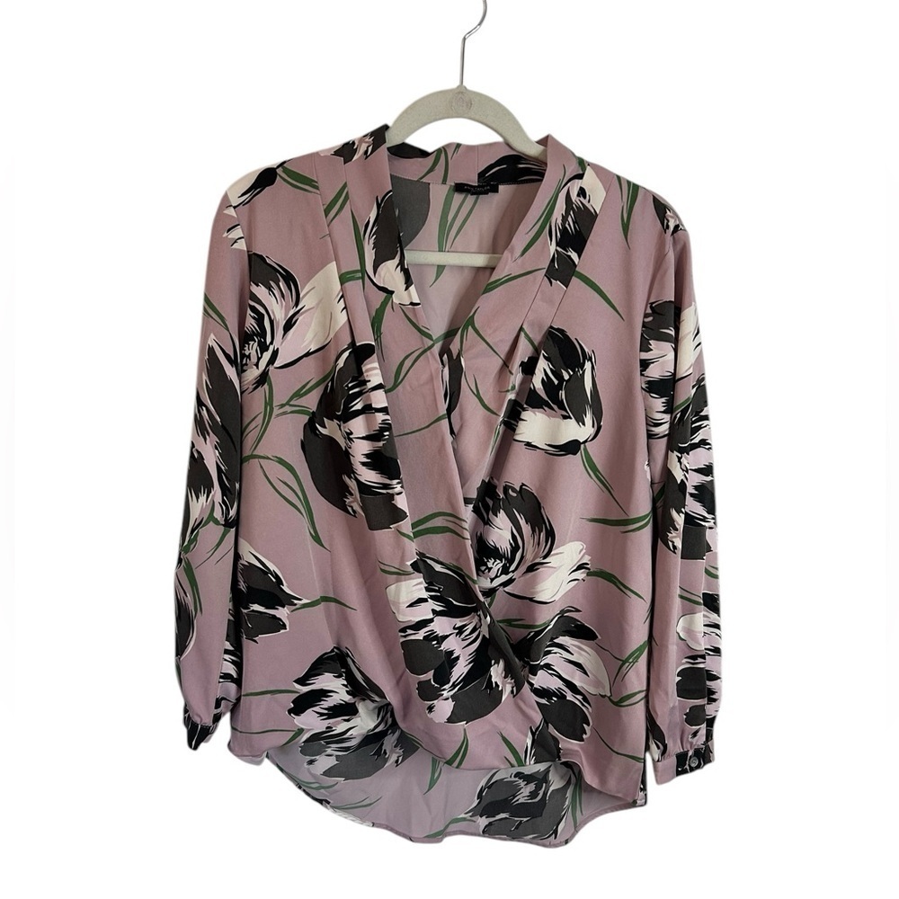 Ann Taylor Factory Muted Purple Floral High Low Drape V-Neck Blouse Womens Med